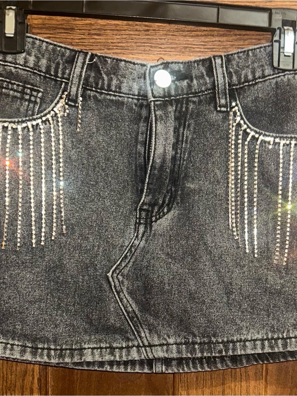 Rhinestone Fringe Acid Wash Denim Mini Skirt